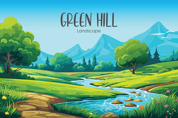 Wall Mural - landscape of green hill, river and mountains witt trees, vector wallpaper