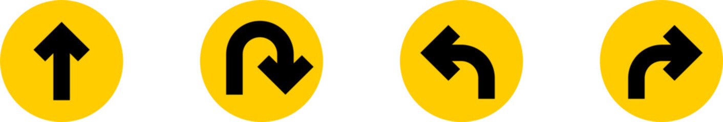 Poster - Go Straight This Way One Way Only U Turn Left and Right Black and Yellow Arrow Round Circle Traffic Sign Direction Icon Set. Vector Image.	
