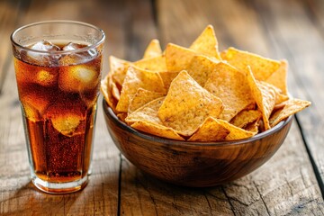 Bowl of Nachos chips and cola soft drink on wooden table. National Tortilla Chip Day concept, 24 February. 