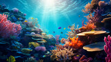 Fototapeta Do akwarium - Colorful underwater coral reef, colorful fish and sun rays penetrating underwater surface