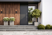 Entrance To Modern Family House - Doors, Stairs, Ornamental Shrubs And Paved Walkway