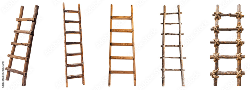 Wooden ladder png collection isolated on white or transparent background, wood rustic ladder and rope ladder hd