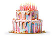 Delicious cake in multi-colored pastel colors with flower decorations on top