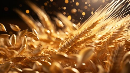 Wall Mural - Close-up of the movement of the falling golden grain of wheat. Falling flakes, macro photography with selective focus on a black background. Agriculture, farming, food concepts.