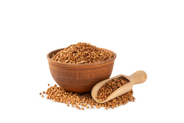  Raw buckwheat in a bowl isolated on white background.Wheat grains, porridge, cereals, raw buckwheat in a plate. Healthy food. Porridge. Diet. Organic cerea. Space for text.Copy space.