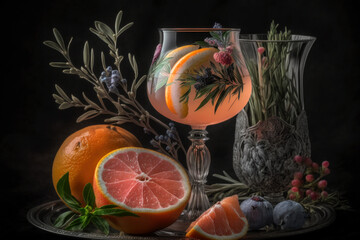 Wall Mural - Two glasses with alcoholic cocktails with herbs, rosemary and pieces of pamelo