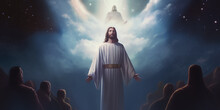 Jesus Christ Returns From Heaven Above With Followers And God Almighty Watching On