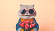 Cute funny cat holding with bouquet of roses in Valentine’s day concept.