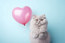 Fluffy Cat With Pink Heart Shaped Balloon On Pastel Blue Background. Close Up Of Funny Gray. Fluffy Cat. For Valentine's Day, Birthday, Pet Shop Concept