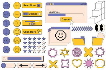 Computer interface in retro neobrutalism style. Window, social media app templates. 80s 90s old computer UI elements and vintage aesthetic icons. Nostalgic retro operating system
