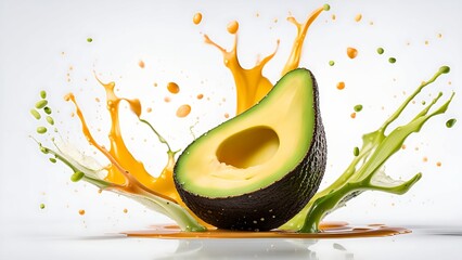 Avocado with splashes of juice close-up, cosmetics, isolated on a white background