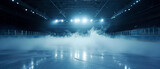 Fototapeta Sport - Sci-fi futuristic background with neon spotlights, smoke.Ice Rink.Professional Arena, Scene. Winter poster for hockey competitions. Ice skating. Stadium. Generative ai