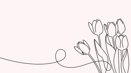 Wall Mural - Continuous one line drawing of beautiful spring flowers graphic animation. Single line art bouquet of pink tulips motion design. 4K resolution