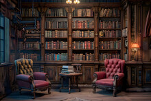 Men's Cabinet With Lots Of Books And Old Armchairs. Interior Design For Old Family Library.