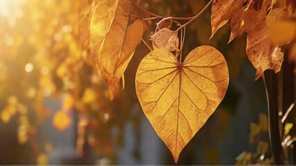 Heart shaped autumn golden leaf on branch under afternoon sunlight, Concept of loving nature during fall season