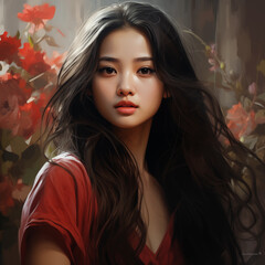 Sticker - Beautiful asian woman with long black hair and red dress. Fashion portrait.