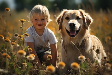 Portrait of a child with a labrador in the park on the grass.