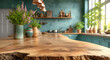 © Colourful-background - Wooden table with blurred kitchen background. Image for food blogger, advertising campaign, post, banner or billboard. Bg of food preparation. Cooking in modern stylish kitchen. Wood countertop