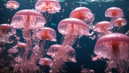 Wall Mural - beauty of transparent pink jellyfish, their delicate forms moving in the blue water's depths and softly glowing with bubbles