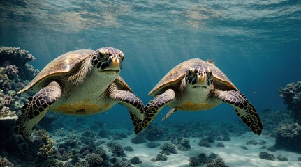 Wall Mural - Two turtle in the crystial blue water  gliding in water