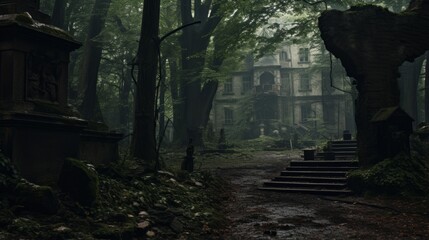 Eerie haunted trail leading to a dilapidated mansion