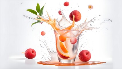 Lychee with splashes of juice close-up, isolated on a white background