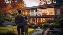 Back view of a contented family standing and hugging while gazing at their modernist home, Generative AI.