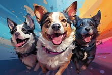 Three Happy Dogs On A Colored Background