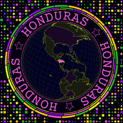 Fototapete - Futuristic Honduras on globe. Bright neon satellite view of the world centered on Honduras. Geographical illustration with shape of country and geometric background. Cool vector illustration.