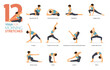 12 Yoga poses or asana posture for workout in morning stretches concept. Women exercising for body stretching. Fitness infographic. Flat cartoon.