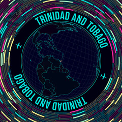 Fototapete - Trinidad and Tobago on globe. Satellite view of the world centered on Trinidad and Tobago. Bright neon style. Futuristic radial bricks background. Authentic vector illustration.