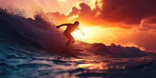 Golden Hour Surfing - A Surfer Carving A Wave At Sunset