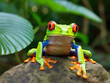 A vivid tree frog with red eyes perched on a branch in its natural environment.