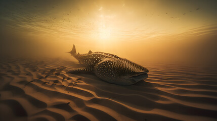 Sticker - whale shark in the desert at sunset underwater