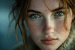 Close-up of a pretty red-haired girl with freckles, evocative and sensual.