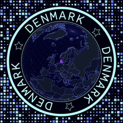 Fototapete - Denmark on globe vector. Futuristic satelite view of the world centered to Denmark. Geographical illustration with shape of country and squares background. Bright neon colors on dark background.