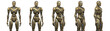 Futuristic alien robot or very detailed sci fi cyborg standing. Full body. Collage or set of five different angles. Isolated on transparent background. 3d render
