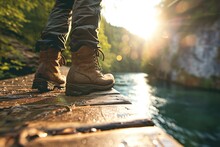 Wandering The Plitvice Trails: A Detailed Glimpse Of A Tourist's Feet Exploring The Limestone Boardwalks Of Plitvice In Croatia, Surrounded By Cascading Waterfalls And The Untouched Beauty Of Nature.
