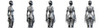 Futuristic robot woman or very detailed humanoid lady. Collage or set of five different angles of the upper body. Isolated on transparent background. 3d rendering