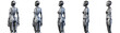 Futuristic robot woman or very detailed humanoid lady. Collage or set of five different angles of the upper body. Isolated on transparent background. 3d rendering