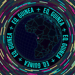 Fototapete - Equatorial Guinea on globe. Satellite view of the world centered on Equatorial Guinea. Bright neon style. Futuristic radial bricks background. Astonishing vector illustration.