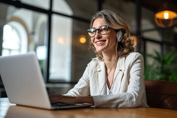 Happy mid aged business woman having hybrid meeting working in office. Busy mature female corporate executive, hr manager communicating by conference call, remote online job interview, Generative AI