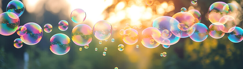 Colorful soap bubbles over summer sunny blurred nature background banner