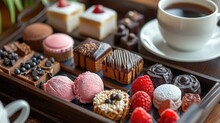 A Variety Of Sweets And Confections Are Neatly Arranged On A Tray And Plates, Accompanied By Cups Of Tea. The Treats Include Frosted Cookies, Chocolate Truffles, And Colorful Macarons.