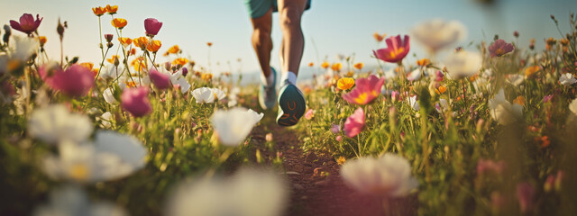 close-up of the legs of a male athlete running across a field of flowers