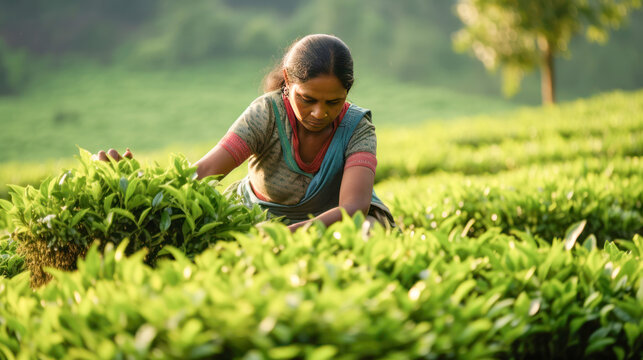 woman labor collecting tea leaf at agriculture field