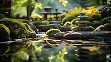 Zen Garden Featuring A Lovely Pond And Well-manicured Rocks, Generative AI.