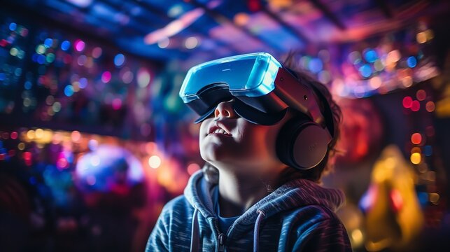 Youngster using 3D device technology while wearing virtual reality glasses, Generative AI.