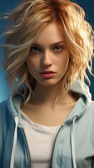 Poster - Portrait of a young blonde woman in a blue hoodie