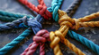 unity and connection partnership as ropes shaped as a circle in a group of diverse strings